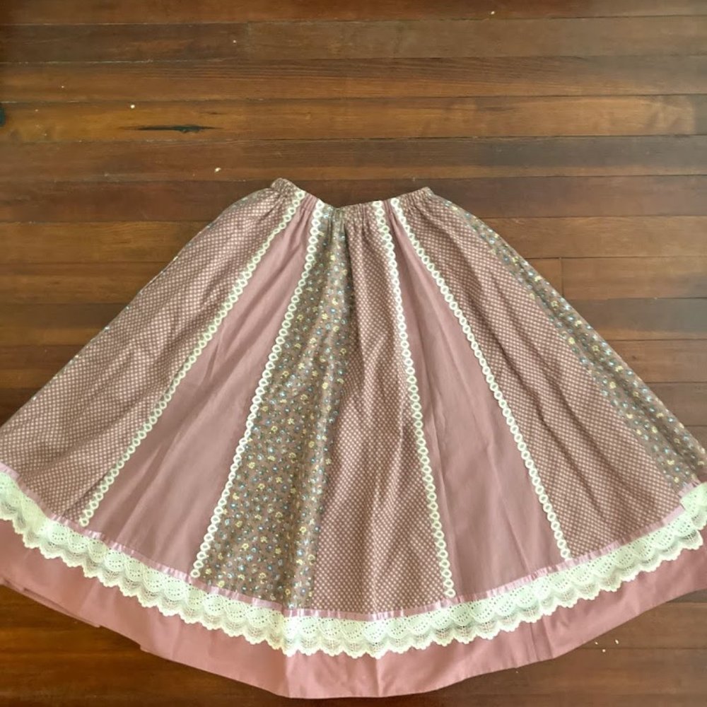 Vintage lace-trim pink patchwork prairie skirt
